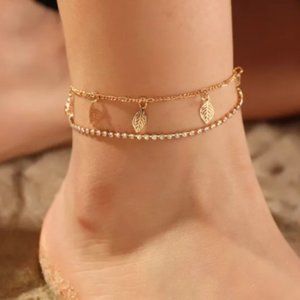 Leaves and Rhinestones Goldtone Ankle Bracelet